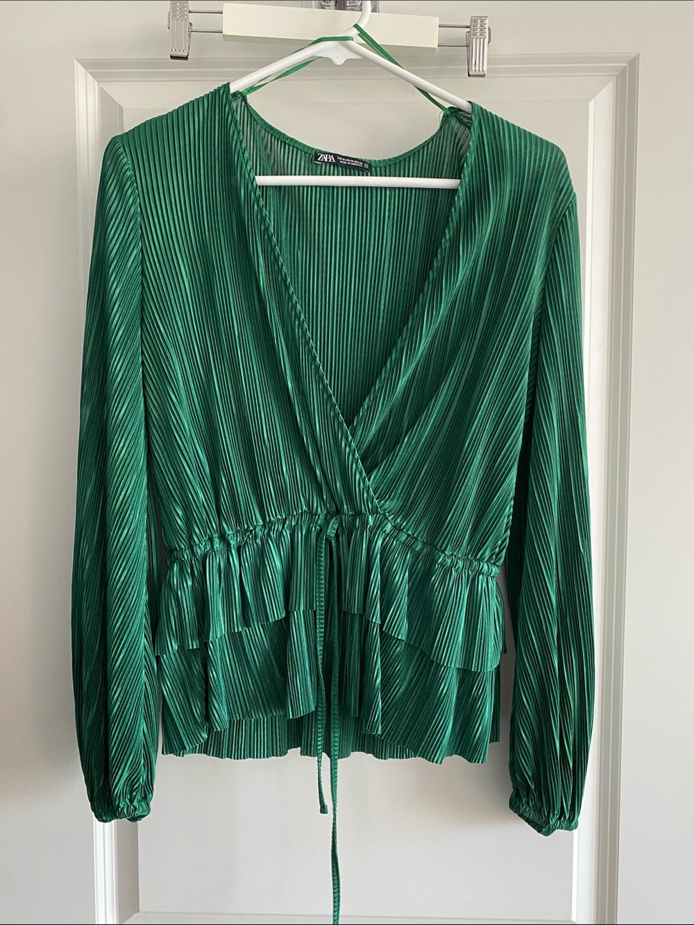 Zara Emerald Green Pleated Faux Wrap Blouse